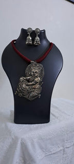 Maroon thread necklace with silver oxidised krishna pendant