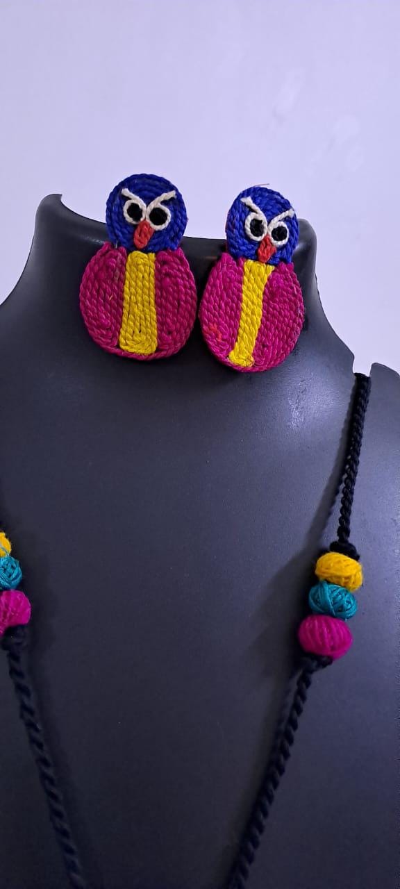 Handmade thread jewellery necklace set with owl pendant and matching earrings