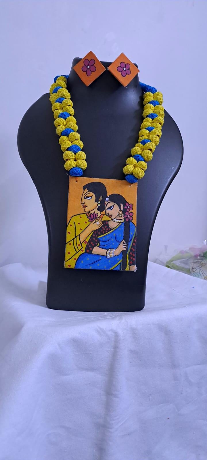 Handpainted fabric necklace set with earrings