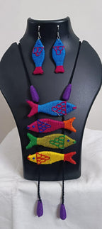 Multi colour crochet thread necklace with fish pendant and matching thread earrings