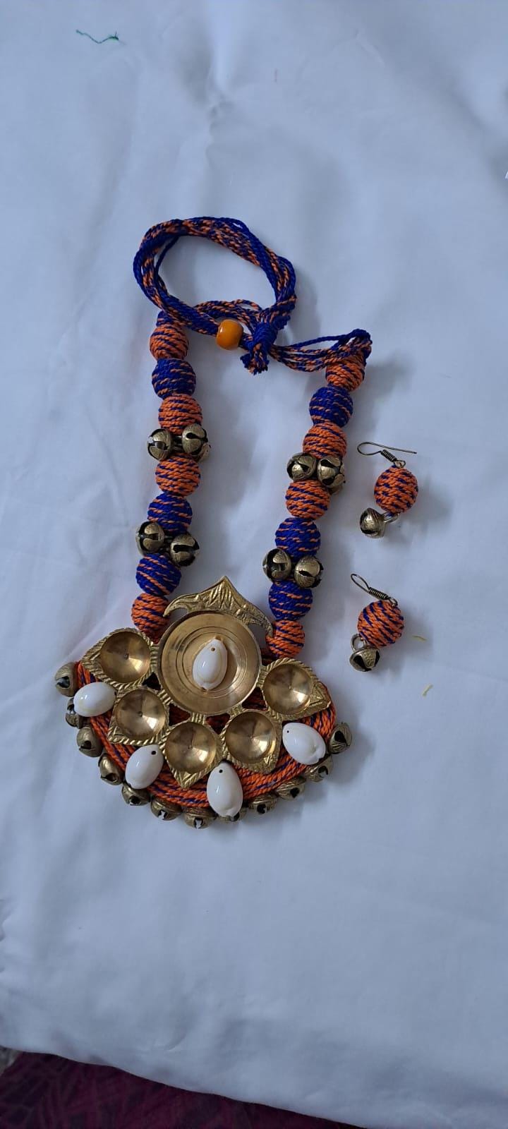 Blue Orange thread beads necklace set with dokra pendant n matching earrings