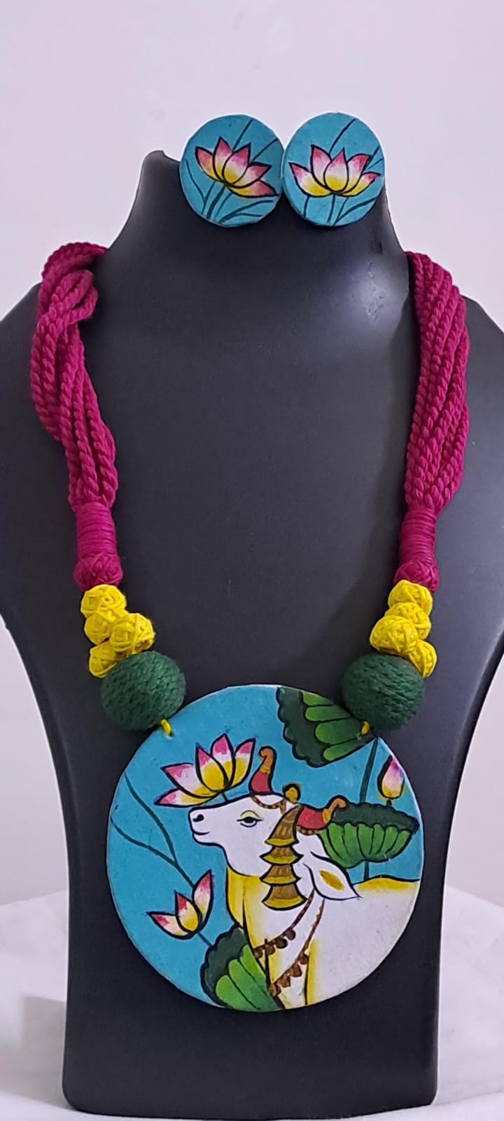 Handpainted fabric jewellery set with matching earrings