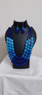 Exclusive 3 layered blue thread beads necklace set with matching earrings