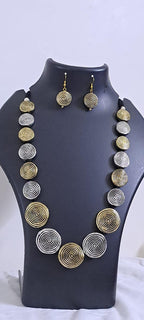 Exclusive silver oxidised set with flat round beads of gold n silver tone mix n matching earrings