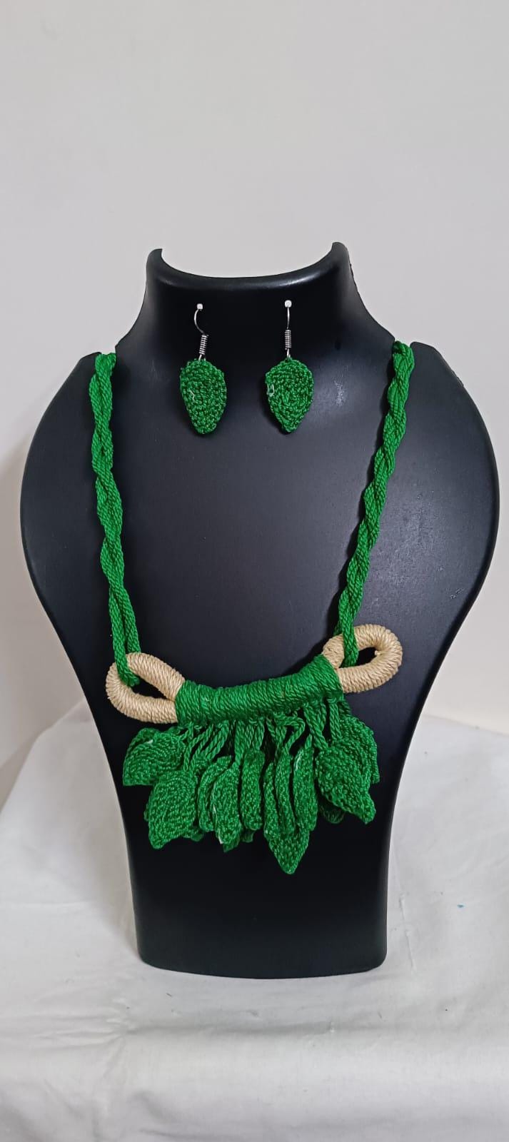 Green Crochet thread necklace set with leaf fringes and matching earrings