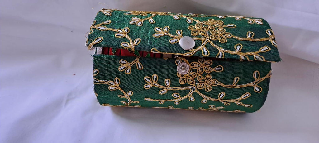 Red colour traditional thread kundan bangles with zari bangle box