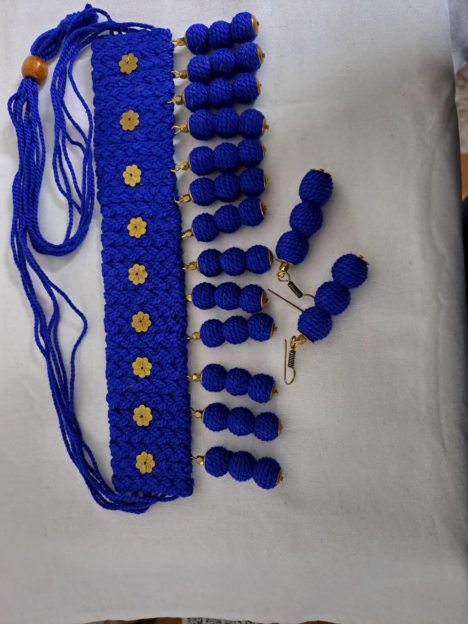 Blue braided choker necklace set with fringes and matching earrings