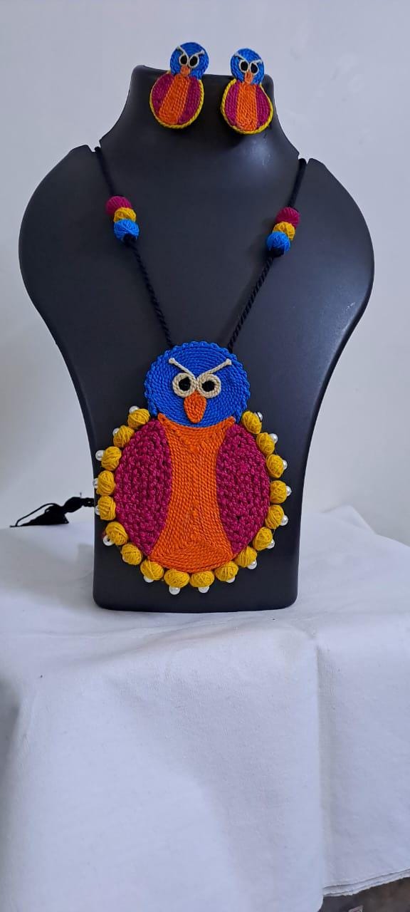 Handmade thread jewellery necklace set with owl pendant and matching earrings