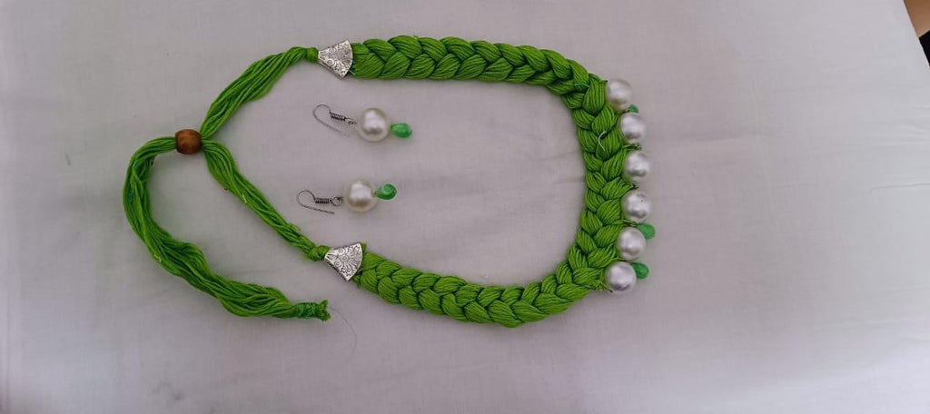 Green  braided thread necklace with pearl n pearl danglers