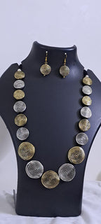 Exclusive silver oxidised set with flat round beads of gold n silver tone mix n matching earrings