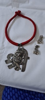 Red thread necklace with silver oxidised ganesha pendant