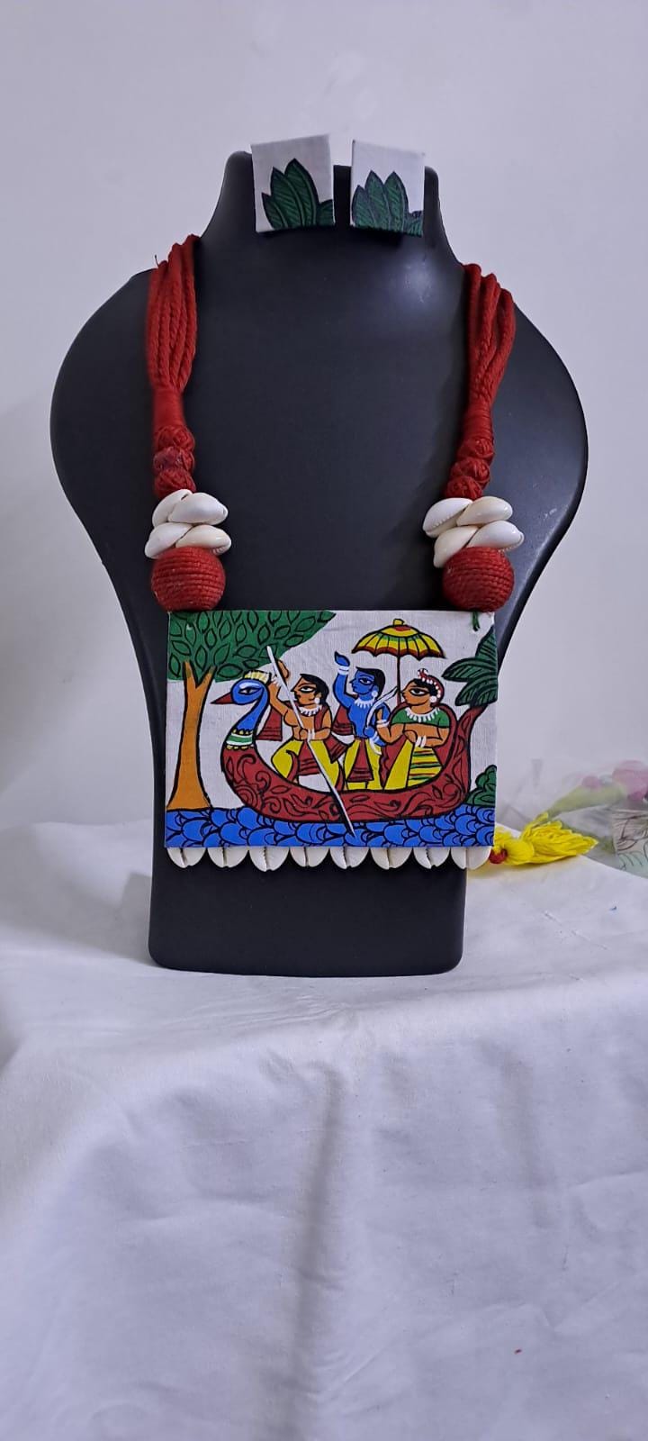 Handpainted fabric necklace set with earrings