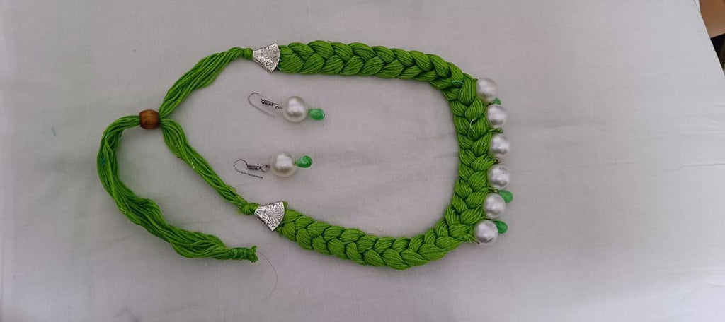 Green  braided thread necklace with pearl n pearl danglers