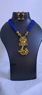 Blue thread necklace with Golden oxidised traditional pendant
