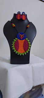 Handmade thread jewellery necklace set with owl pendant and matching earrings