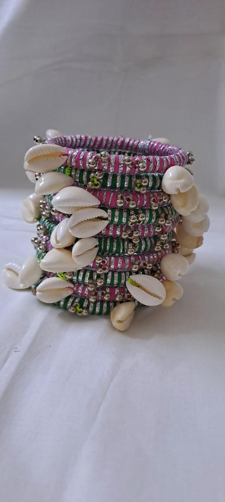 Pink and green colour traditional zari thread and kori bangles (set of 10 bangles)
