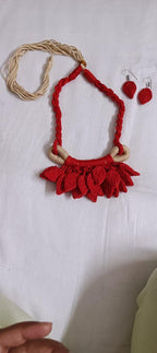 Red Crochet thread necklace set with leaf fringes and matching earrings