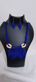 Dark Blue Crochet thread necklace set with leaf fringes and matching earrings