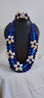 Exclusive multi-layered blue fabric necklace with shells n matching earrings