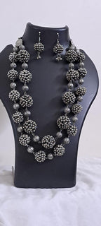 Exclusive silver oxidised long chain set with matching earrings