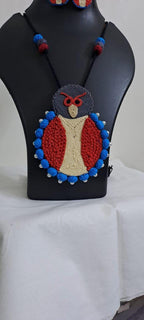 Handmade thread jewellery necklace set with owl pendant and matching earrings