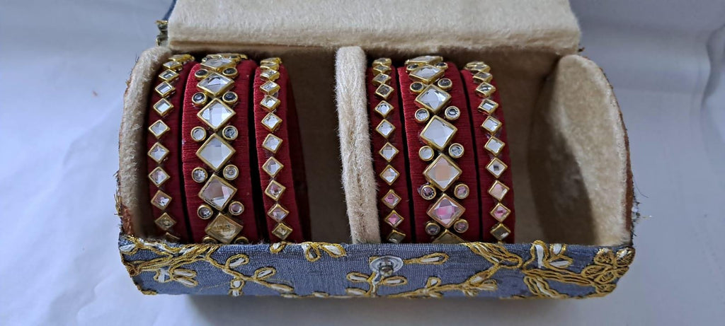 Maroon colour traditional thread kundan bangles with zari bangle box
