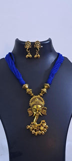 Blue thread necklace with Golden oxidised traditional pendant