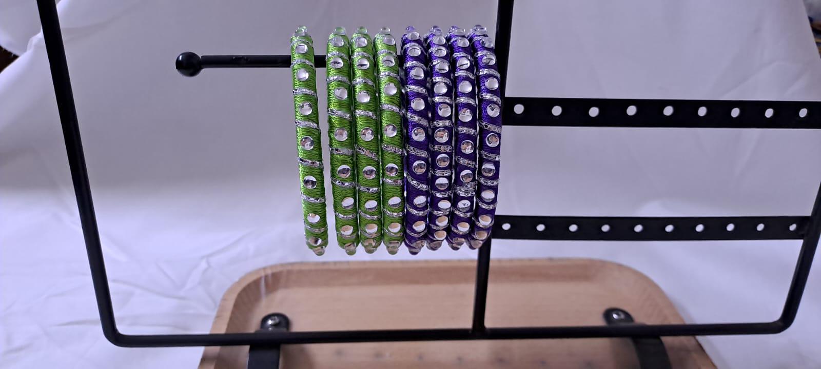 Purple and Green colour traditional kundan n gotta patti bangles with zari box  (set of 8 bangles)
