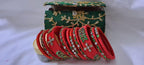 Red colour traditional thread kundan bangles with zari bangle box