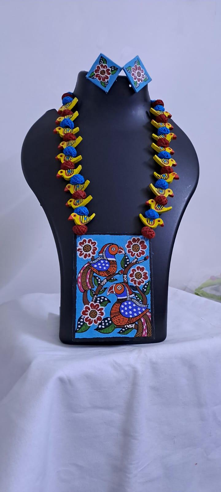 Handpainted fabric necklace set with earrings
