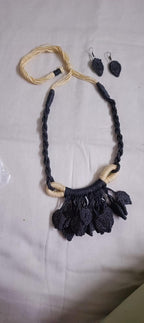Grey Crochet thread necklace set with leaf fringes and matching earrings