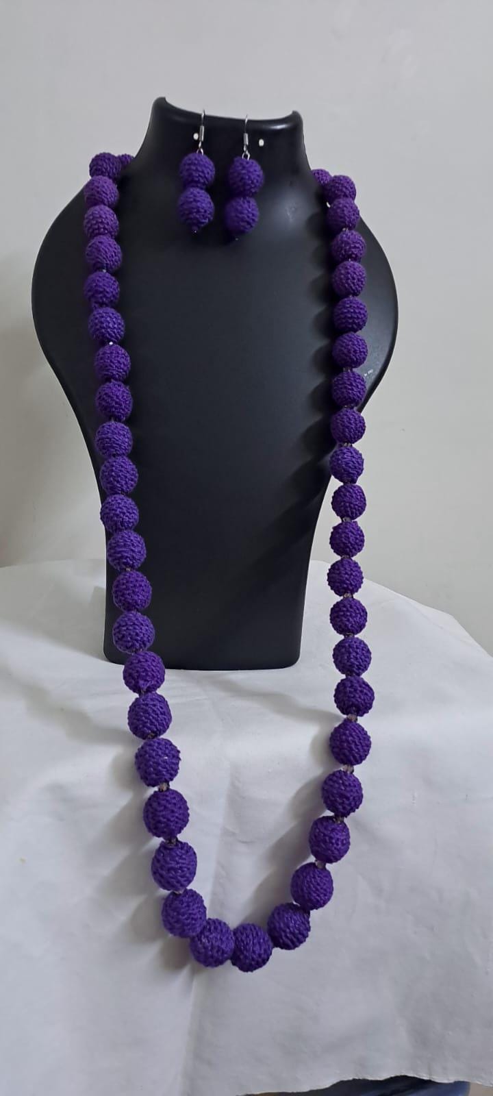 Exclusive purple colour thread beads long necklace set with matching earrings