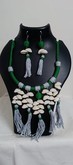 Exclusive green n grey hasuli thread necklace set with shell fringes n matching earrings