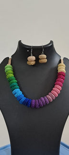 Exclusive multi coloured crochet necklace with colouful matching earrings.