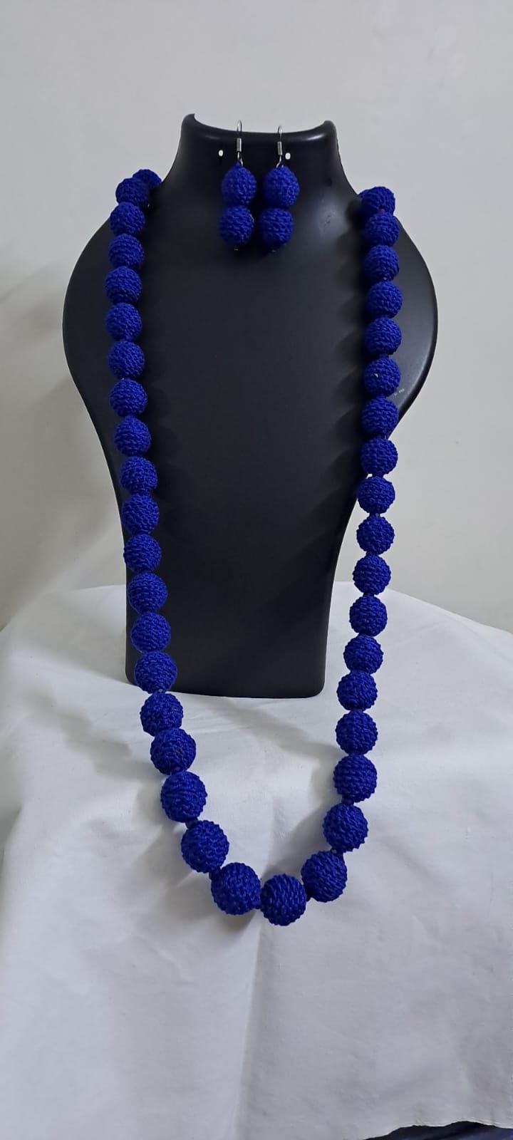 Exclusive blue thread beads long necklace set with matching earrings