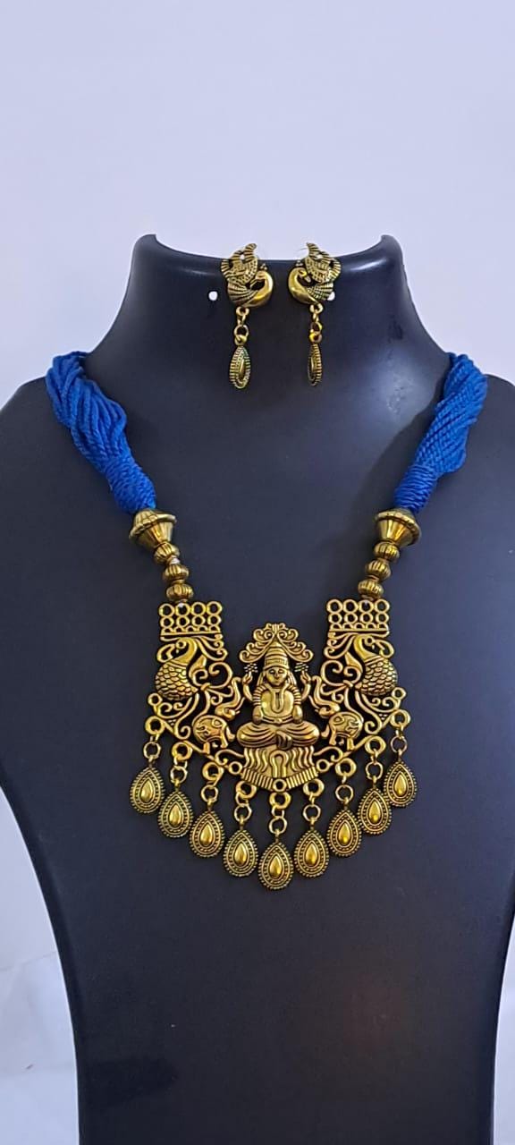 Royal blue thread necklace with Golden oxidised traditional pendant