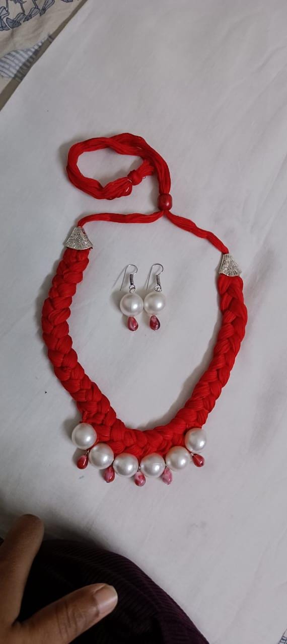 Red  braided thread necklace with pearl n pearl danglers