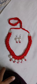 Red  braided thread necklace with pearl n pearl danglers