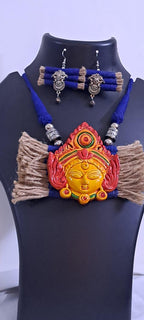 Terracotta Durga pendant jute necklace set with matching earrings