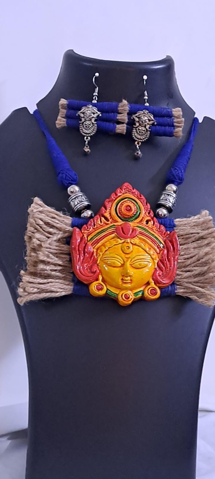 Terracotta Durga pendant jute necklace set with matching earrings