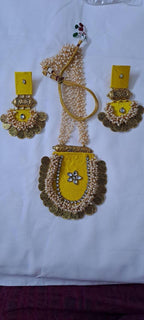Exclusive Indian traditional yellow fabric necklace with laural beads and kundan n matching earrings