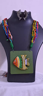 Terracotta fish pendant and thread necklace
