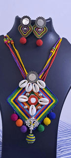 Exclusive multicoloured thread necklace set with shell n thread pendant n matching earrings