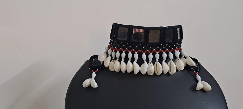 Handmade Kutch Glass work choker necklace with beads n shell fringes and glass work earrings