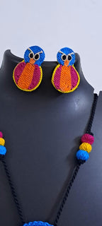 Handmade thread jewellery necklace set with owl pendant and matching earrings
