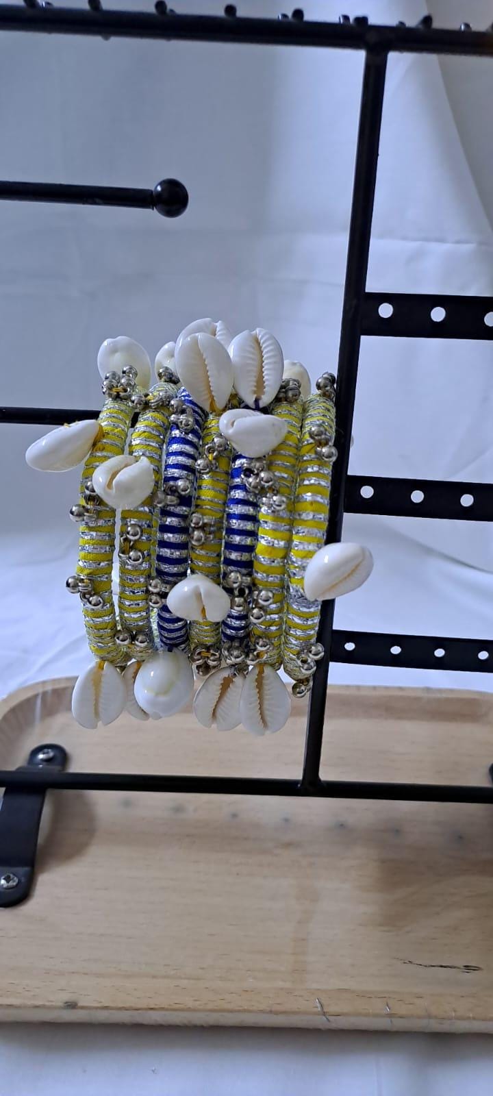 Yellow and blue colour traditional zari thread and kori bangles (set of 7 bangles)