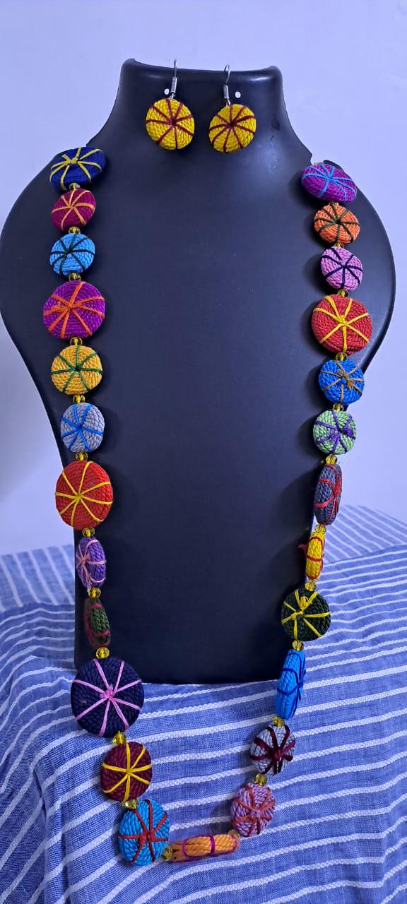 Exclusive multicoloured flat thread beads long necklace set with matching earrings (yellow)