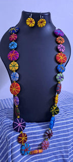 Exclusive multicoloured flat thread beads long necklace set with matching earrings (yellow)