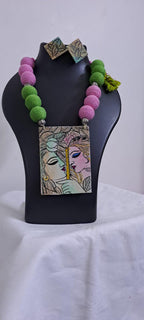 Handpainted fabric necklace set with earrings