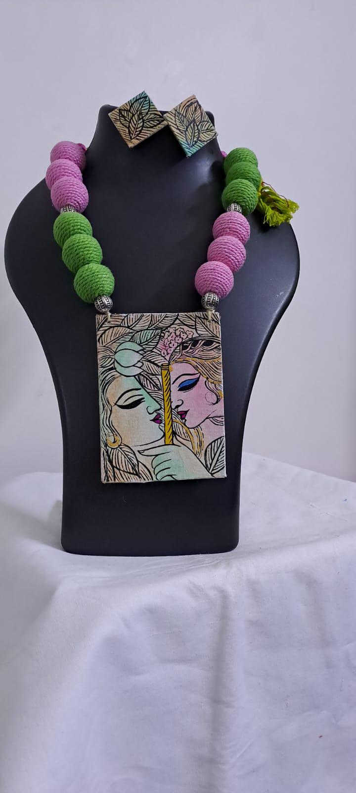 Handpainted fabric necklace set with earrings
